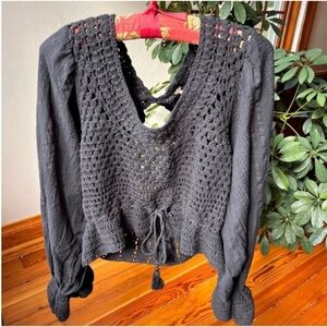 Free People black crochet long sleeve top